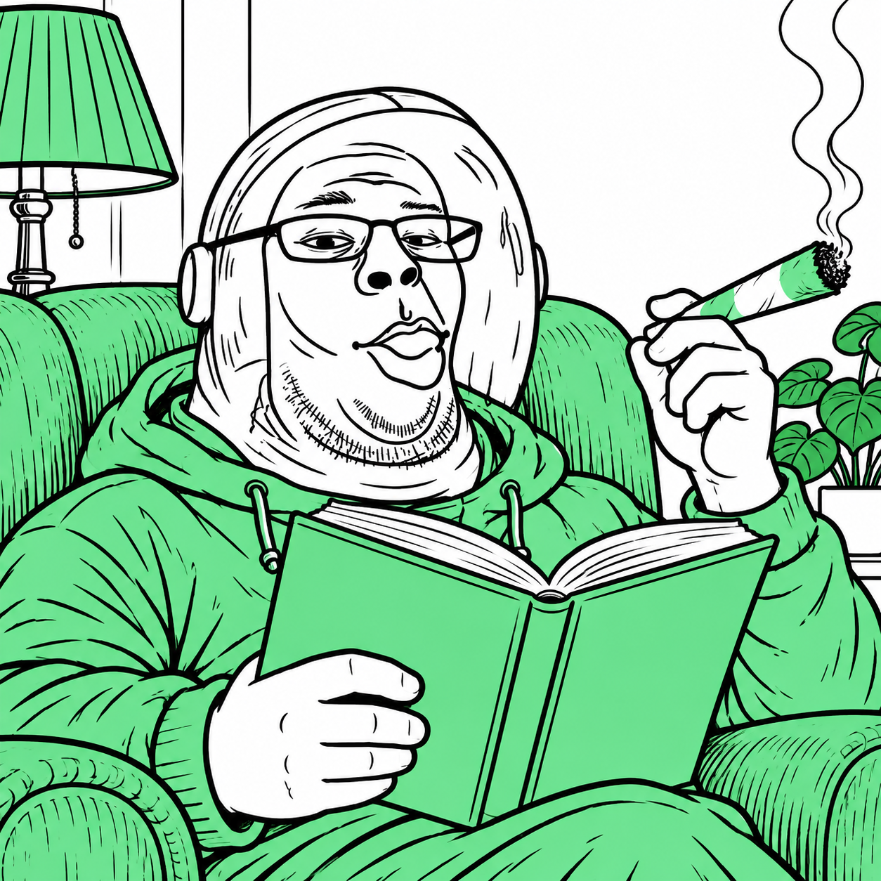 SIGFUN relaxing in a green hoodie