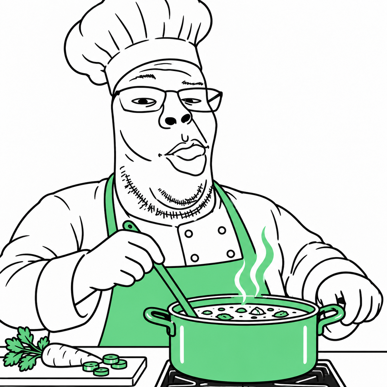 SIGFUN cooking in a green apron